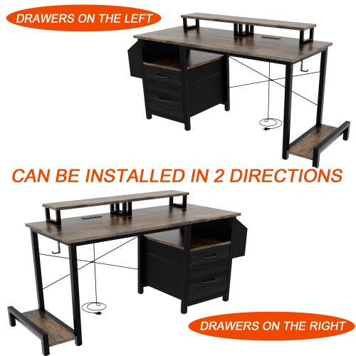 Computer Desk With Drawer And Power Outlets, 47 Office Desk With 2 Monitor Stands And Fabric File Cabinet, Writing Gaming Table With Shelves And Hooks For Home Office, Rustic Brown