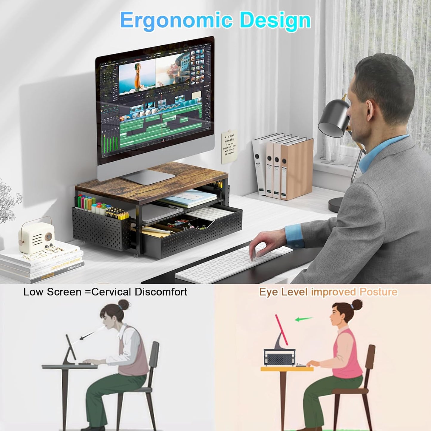 Wood Monitor Stand Riser, Office Desk Shelf Organizer, Desk Organizer with Drawer and Pen Holder, 2-Tier Computer Stand, Office Organization (Wood)