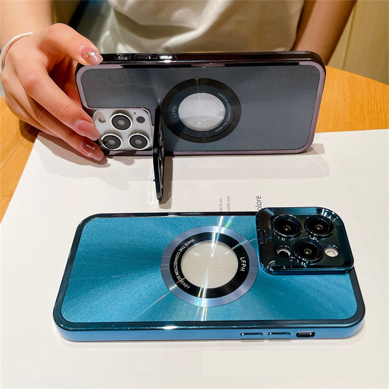 Electroplated Phone Case Luxury Plating CD Pattern Magsafe Bracket Case For 12 13 14 Pro Max Invisible Camera Stand Holder Lens Holder Magnetic Suction - Small Enterprise