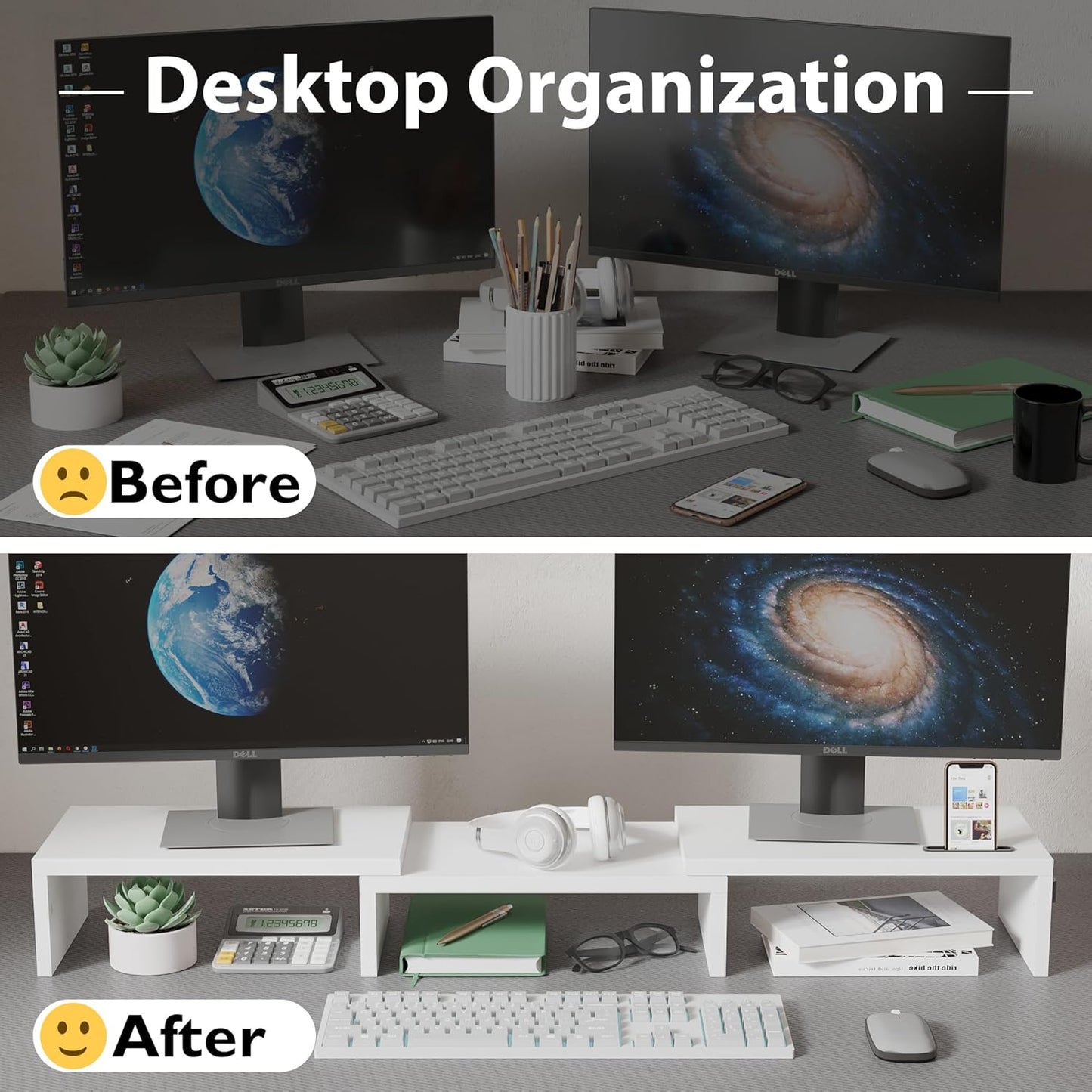 Dual Monitor Stand Riser with Smartphone Holder, Adjustable Length & Swivel Angle, Ergonomic Wooden Desktop Organizer for PC Monitor, Laptop, Printer, Large Storage, White