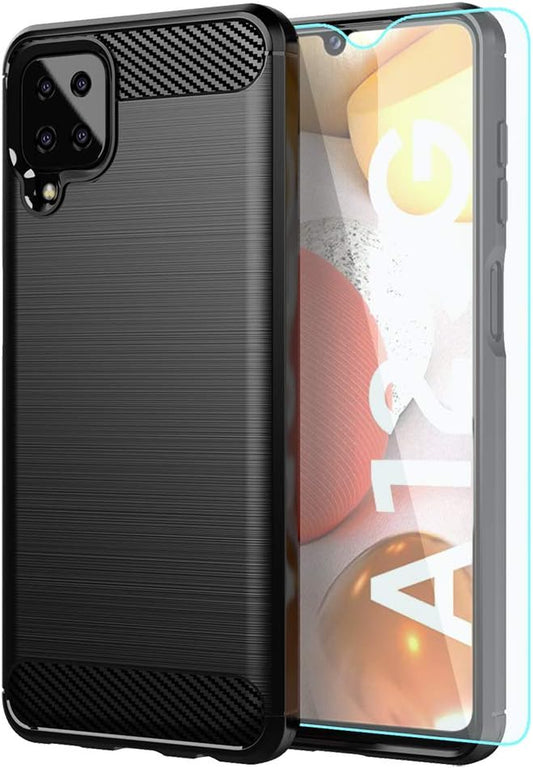 for Galaxy A12 Case,With HD Screen Protector,Shock-Absorption Flexible TPU Bumper Cove Soft Rubber Protective Case for Samsung Galaxy A12 (Black Brushed TPU)