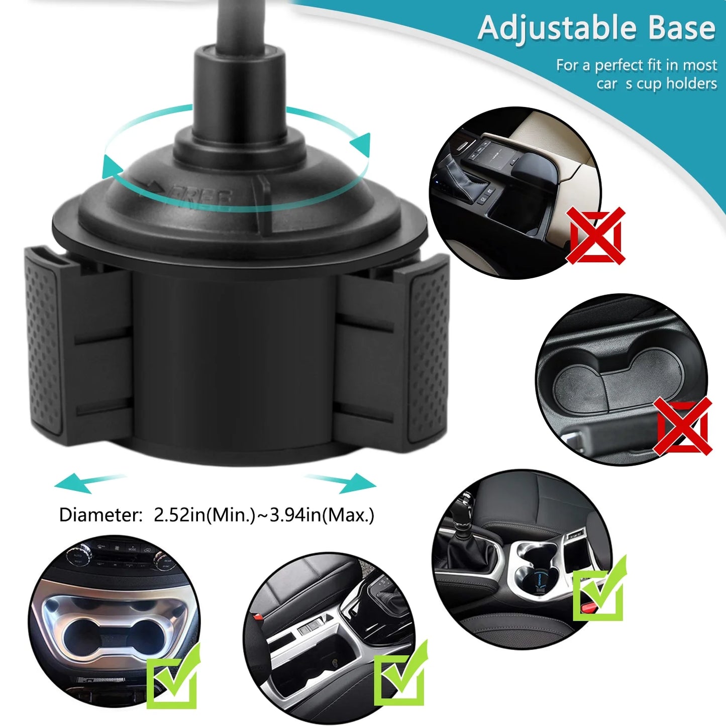 Universal Cup Holder Cell Phone Car Mount with Long Adjustable Arm and Rotatable Cradle with Quick Release Button - Black