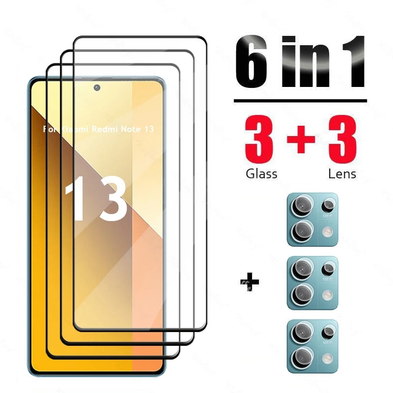 6 in 1 for  Redmi Note 13 Glass Tempered Glass Redmi Note 13 Glass Full Cover Screen Protector Camera Film Redmi Note 13