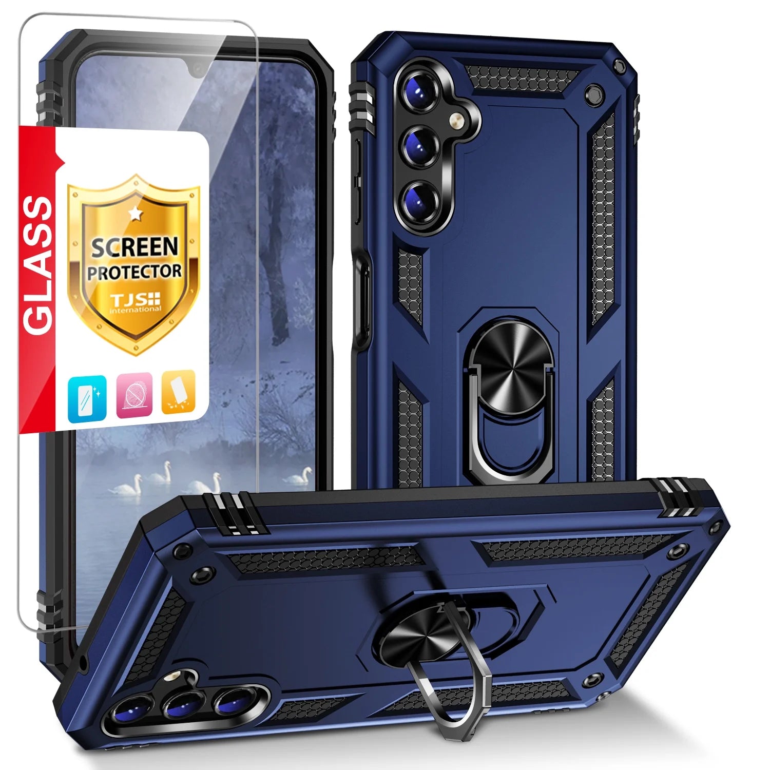 for Samsung Galaxy A15 5G Phone Case, with Tempered Glass Screen Protector, Impact Resistant Metal Ring Magnetic Support Kickstand Drop Protector Cover for Galaxy A15 5G (Blue)