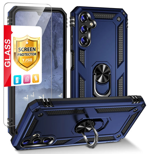 for Samsung Galaxy A15 5G Phone Case, with Tempered Glass Screen Protector, Impact Resistant Metal Ring Magnetic Support Kickstand Drop Protector Cover for Galaxy A15 5G (Blue)