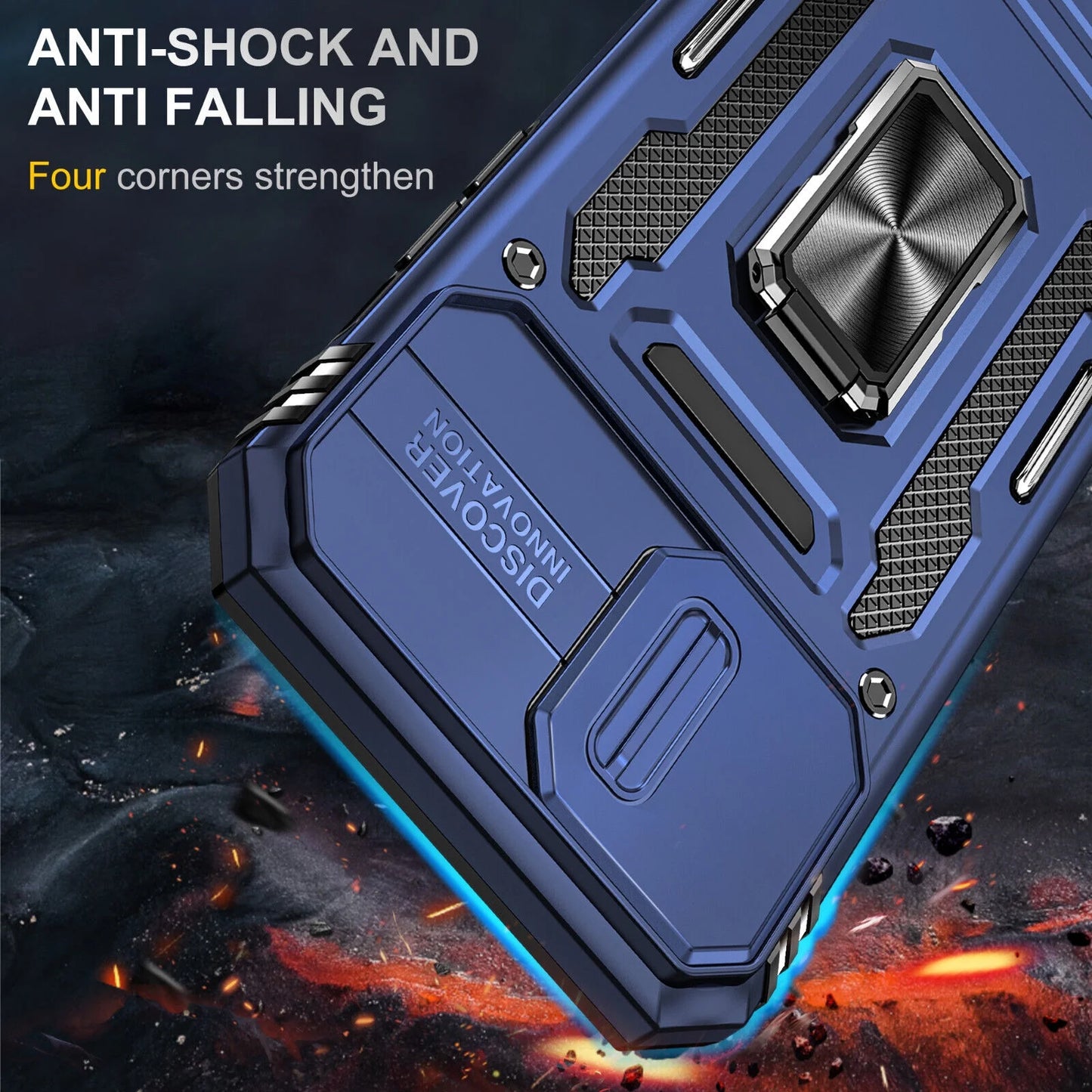 Magnetic Kickstand Protective Cell Phone Case with Camera Cover for Apple Iphone 13/14, Blue