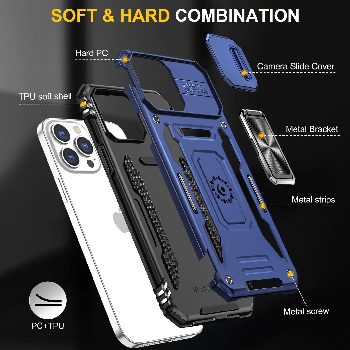 Magnetic Kickstand Protective Cell Phone Case with Camera Cover for Apple Iphone 13/14, Blue