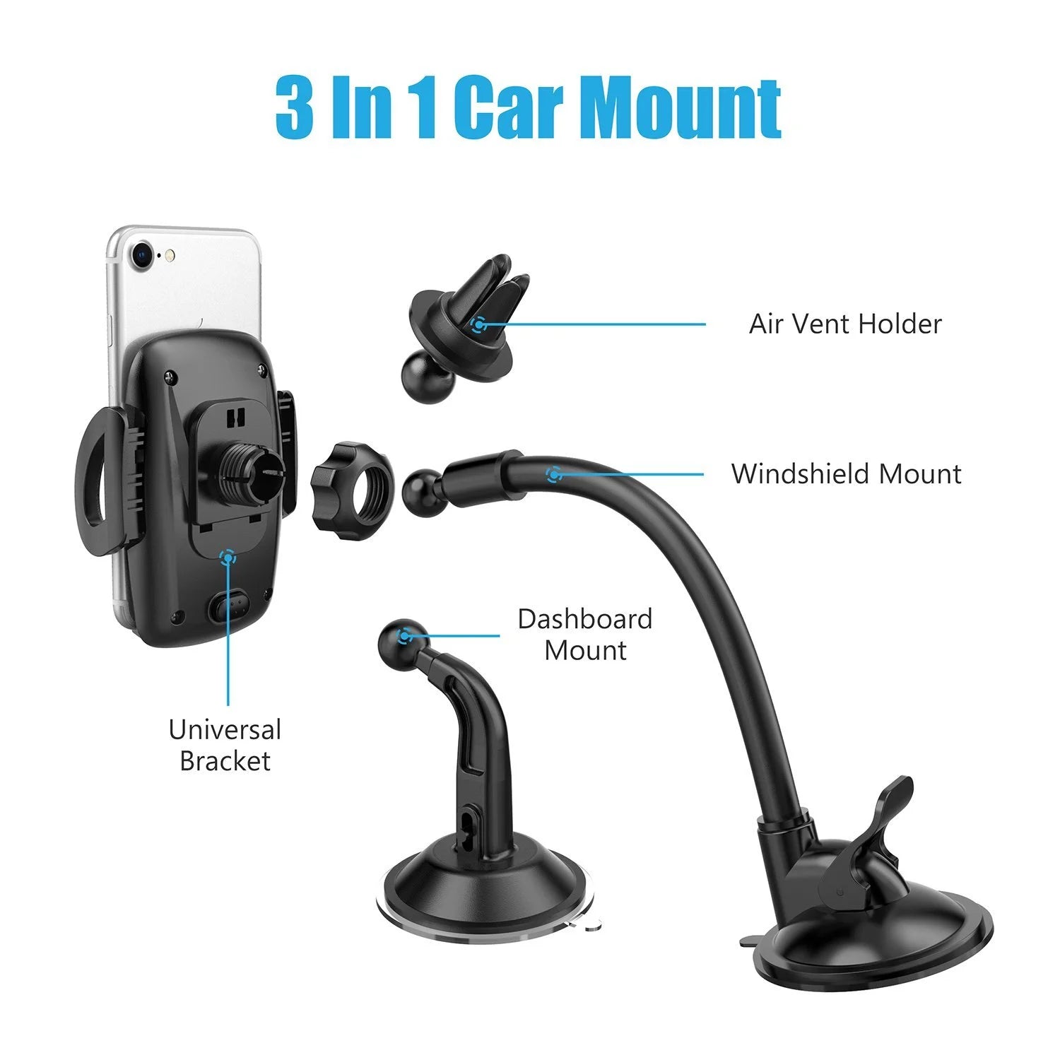3-In-1 Universal Car Phone Mount, Phone Holder for Car, Cell Phone Car Mount Air Vent Holder