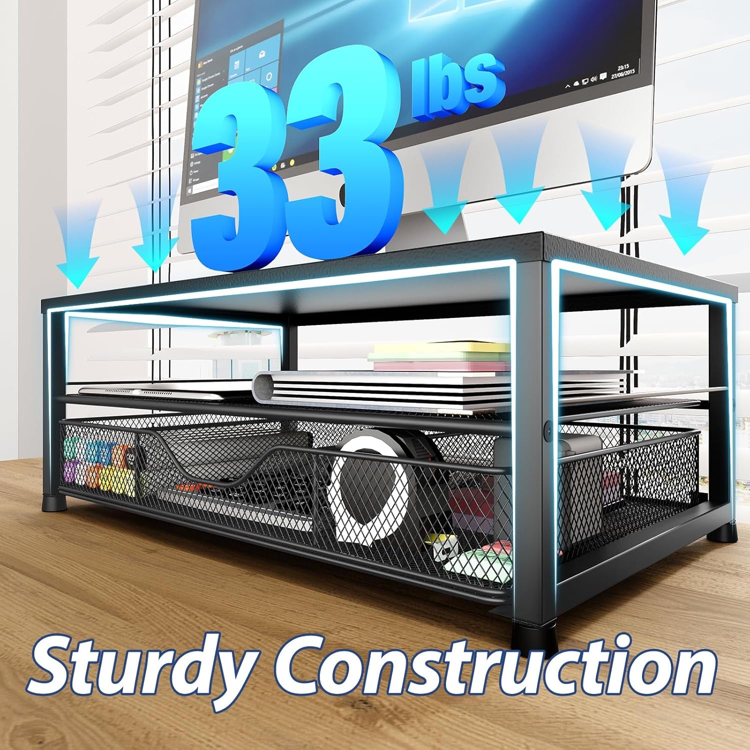 Desk Organizer and Accessories, 2-Tier Computer Monitor Stand Riser with Drawer and 2 Pen Holders, Laptop Stand, Office Desk Accessories for Office Supplies, Black