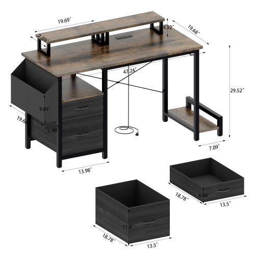 Computer Desk With Drawer And Power Outlets, 47 Office Desk With 2 Monitor Stands And Fabric File Cabinet, Writing Gaming Table With Shelves And Hooks For Home Office, Rustic Brown