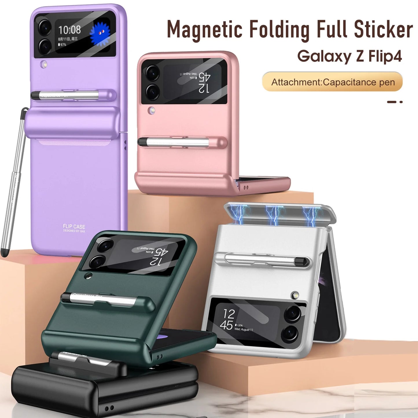 Case Compatible with Samsung Galaxy Z Flip 4 with Camera Protector S Pen Full Protective Case with Magnetic Hinge-White