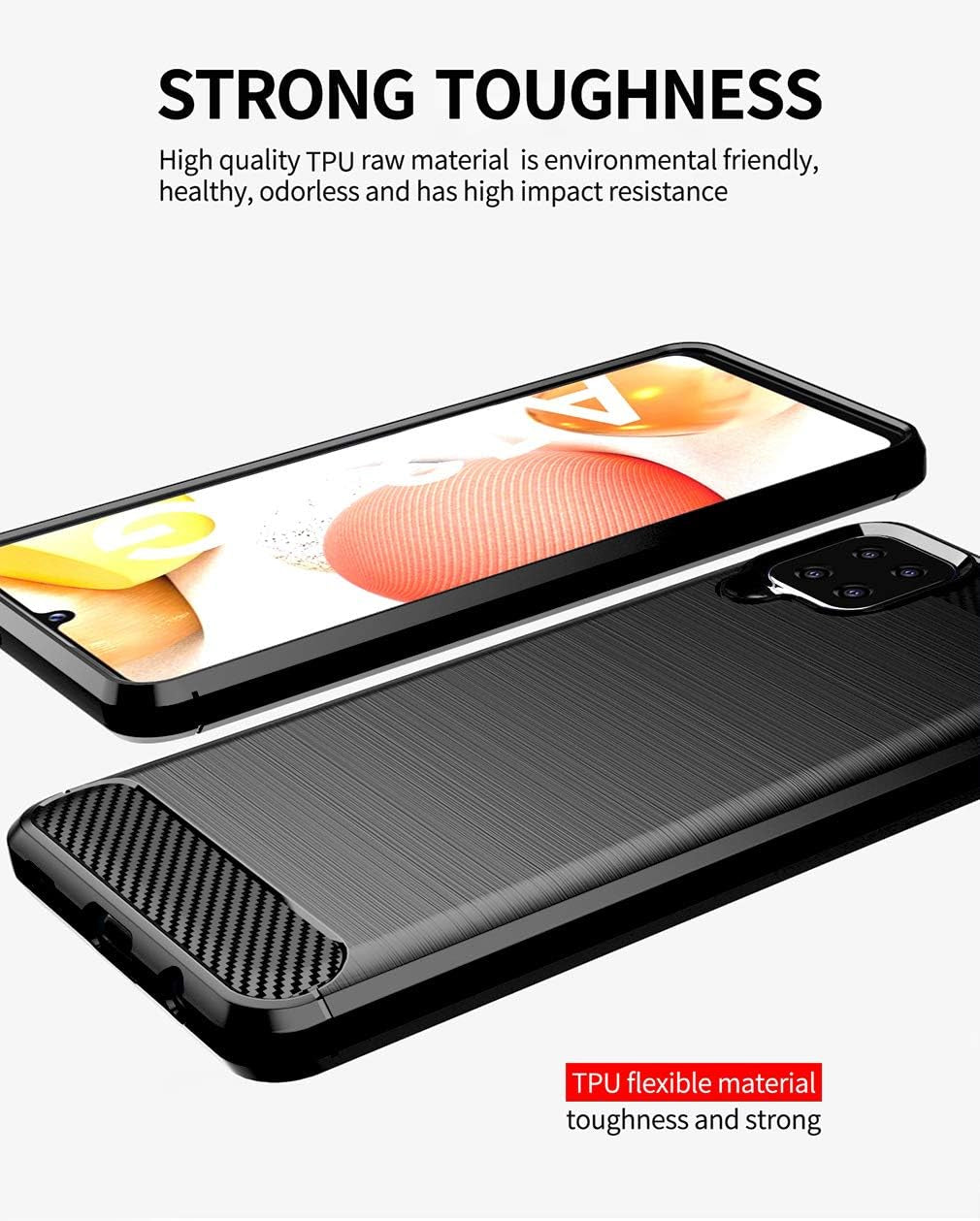 for Galaxy A12 Case,With HD Screen Protector,Shock-Absorption Flexible TPU Bumper Cove Soft Rubber Protective Case for Samsung Galaxy A12 (Black Brushed TPU)