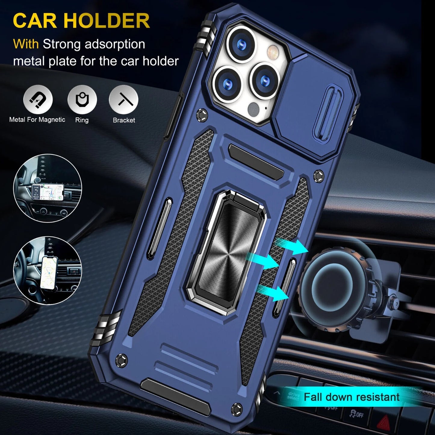 Magnetic Kickstand Protective Cell Phone Case with Camera Cover for Apple Iphone 13/14, Blue