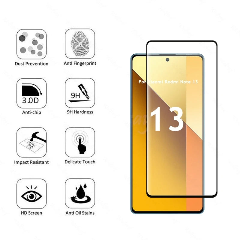 6 in 1 for Redmi Note 13 Glass Tempered Glass Redmi Note 13 Glass Full Cover Screen Protector Camera Film Redmi Note 13