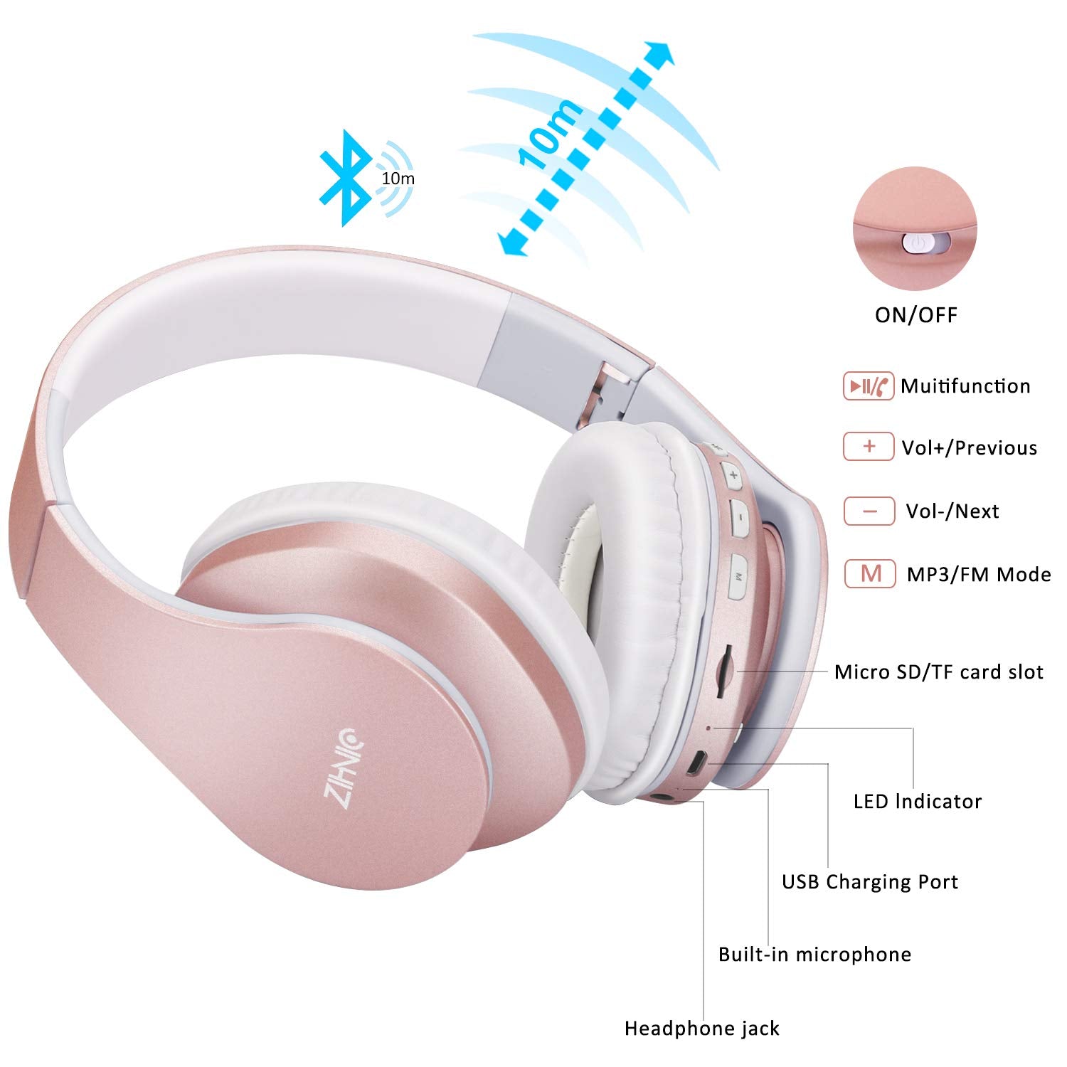 ZIHNIC RoseGold Bluetooth Over-Ear Headphones - Small Enterprise