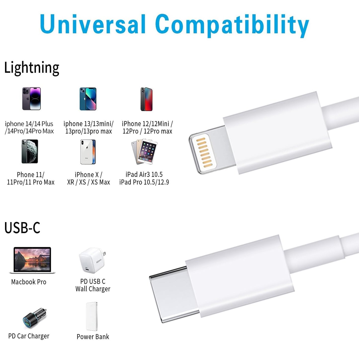 RCTech Trio USB-C to Lightning 6FT Fast Charge Cable