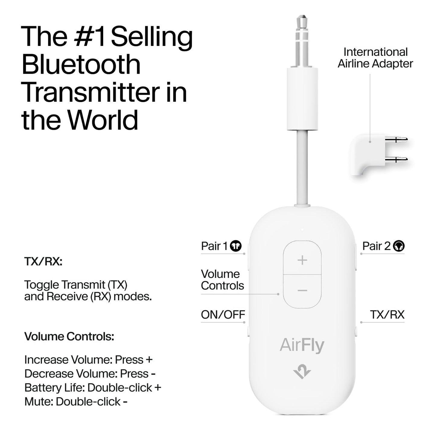 Twelve South AirFly SE | Bluetooth Wireless Audio Transmitter Adapter for AirPods/Headphones, 20+ Hr Battery, Works with 3.5mm aux Jacks on Airplanes, TVs, Gym Equipment, and Travel - Small Enterprise