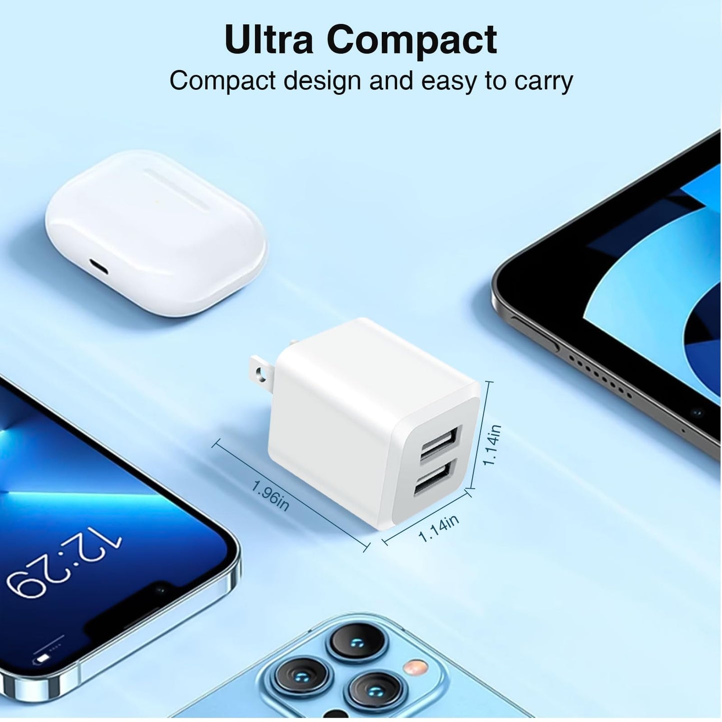 USB Wall Charger, Dual Port Cube Power Adapter Charger Plug Block Charging Box, Dual Port Wall Fast Charging Adapter, Compatible for i Phone 14 13 12 11,Milky White