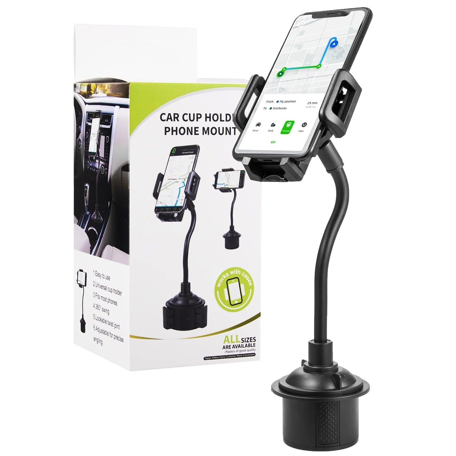 Universal Cup Holder Cell Phone Car Mount with Long Adjustable Arm and Rotatable Cradle with Quick Release Button - Black