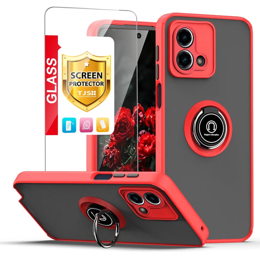 for Motorola Moto G Stylus 5G 2023 Phone Case, with Tempered Glass Screen Protector, 360 Degrees Rotating Metal Ring Magnetic Support Kickstand Cover for Moto G Stylus 5G 2023 (Red)