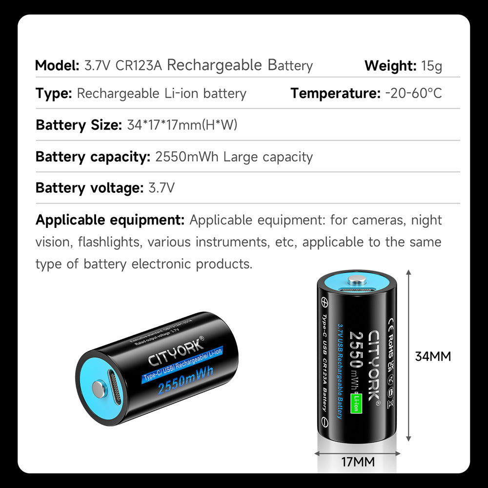 CR123AUSB Large Capacity Type-C 37V Lithium Battery