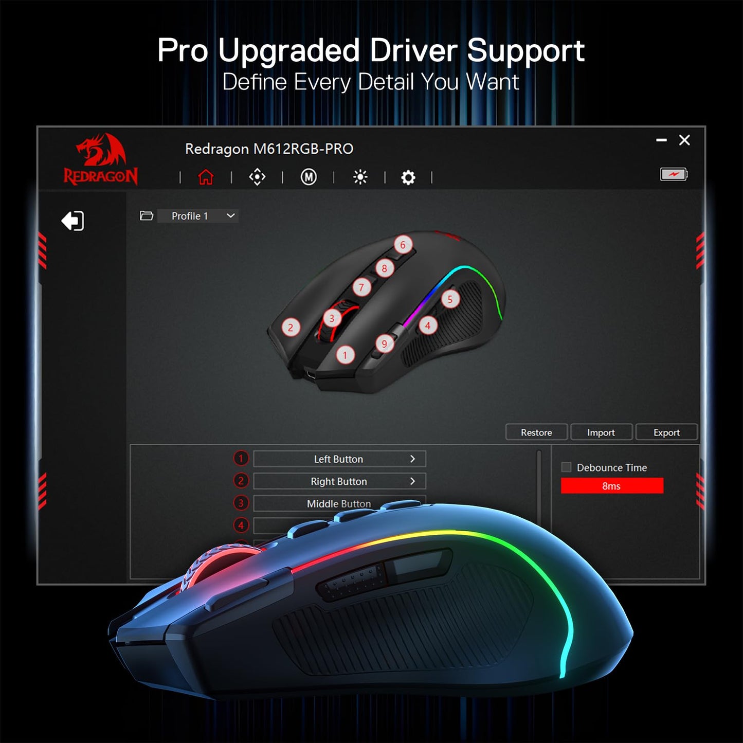 Redragon M612 PRO Swift RGB: 9-Button Gaming Mouse