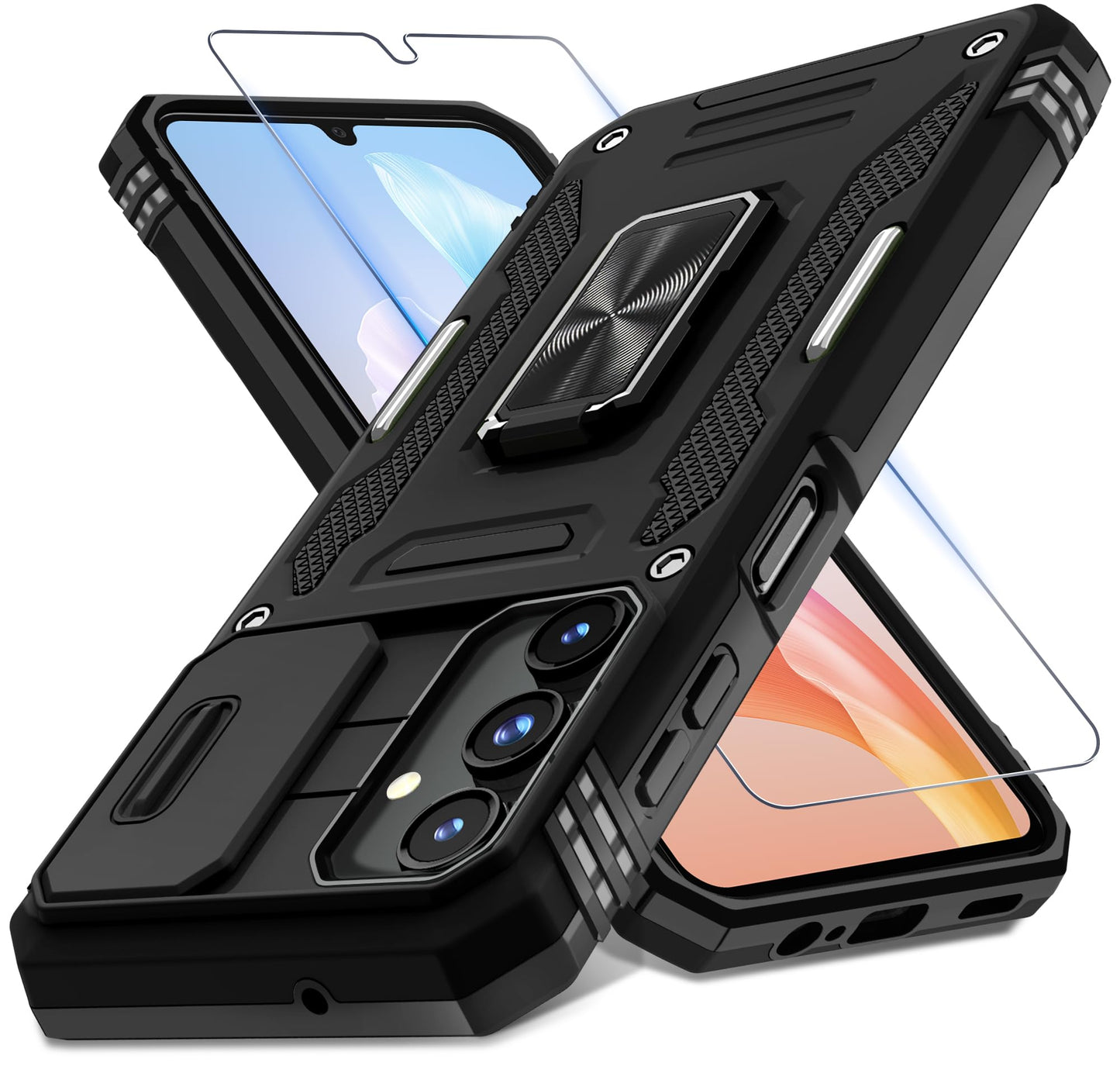 DEERLAMN Case for Samsung Galaxy A17 5G with Slide Camera Cover+Screen Protector (1 Pack), Rotated Ring Kickstand Military Grade Shockproof Protective Cover-Black