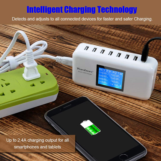 60W 8-Port USB Desktop Charging Station with LCD (White)