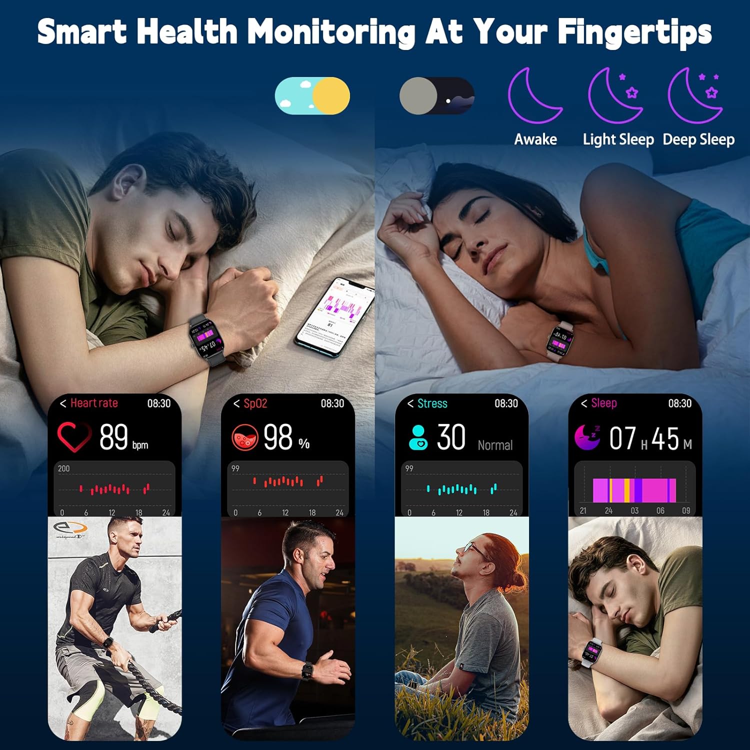 Smart Watch for Women Men(Answer/Make Call), Smartwatches with Heart Rate/Spo2/Sleep/Stress Monitor, IP68 Waterproof Activity Tracker for Android Iphone, 100+ Sports Fitness Watches (Black, 1.85“)