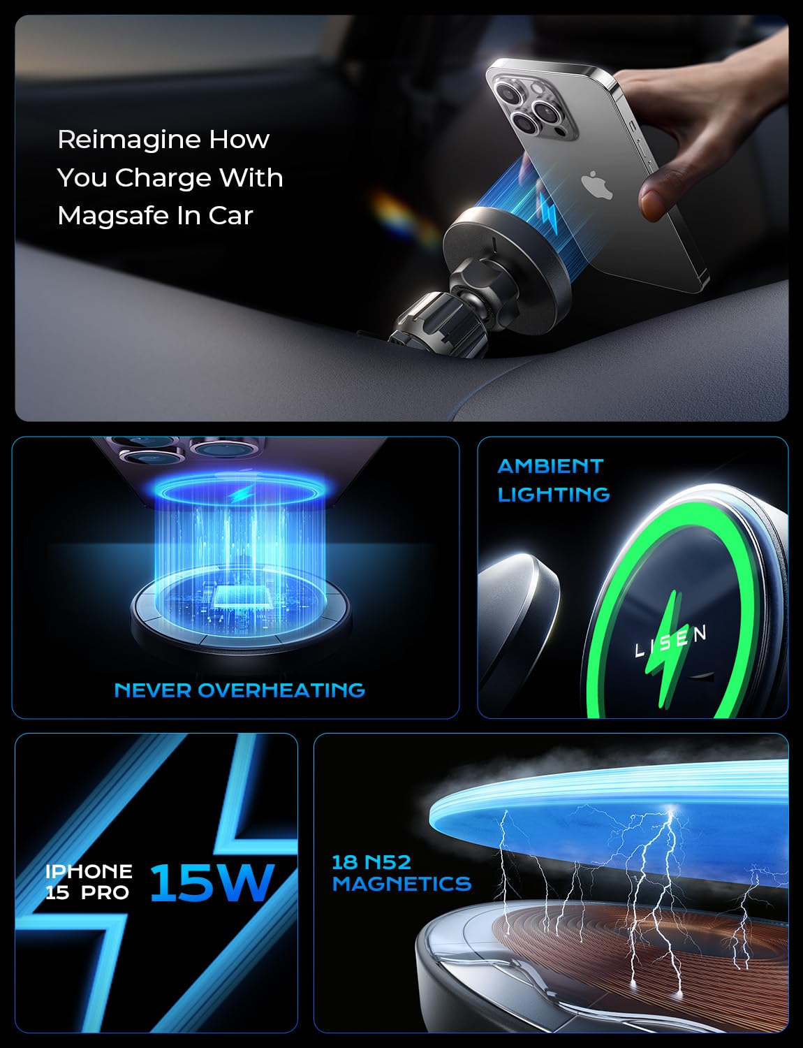 LISEN MagSafe 15W Wireless Car Charger Mount - Small Enterprise