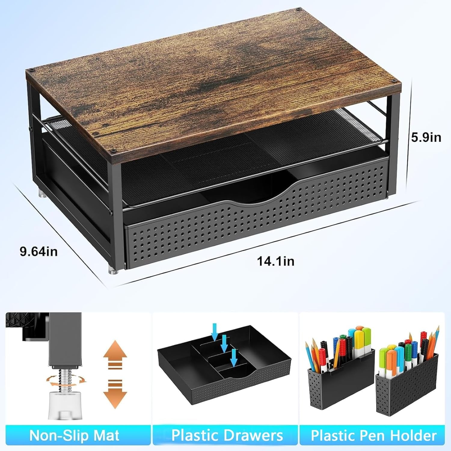 Wood Monitor Stand Riser, Office Desk Shelf Organizer, Desk Organizer with Drawer and Pen Holder, 2-Tier Computer Stand, Office Organization (Wood)