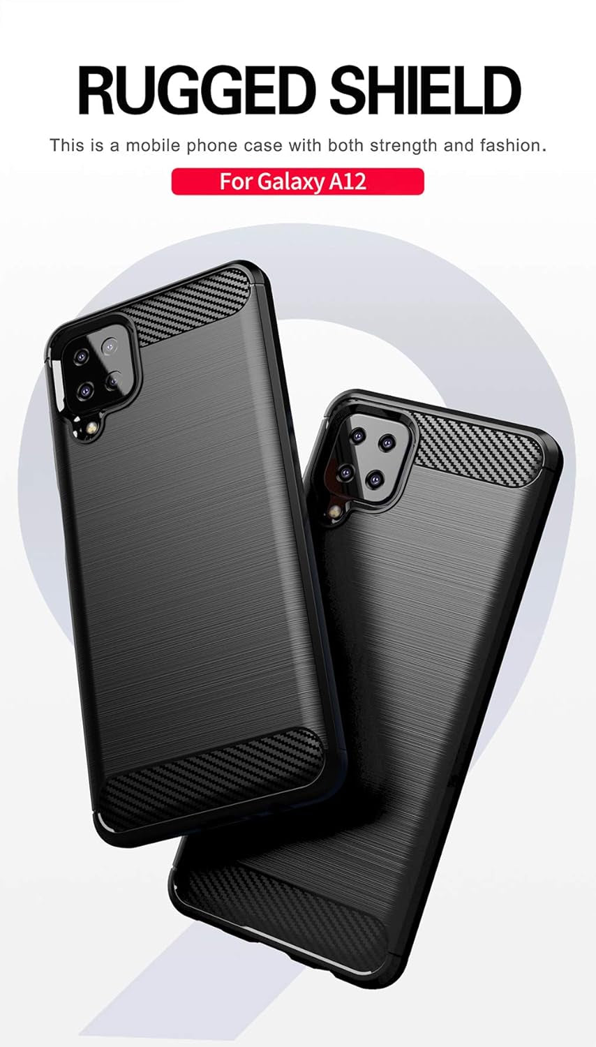 for Galaxy A12 Case,With HD Screen Protector,Shock-Absorption Flexible TPU Bumper Cove Soft Rubber Protective Case for Samsung Galaxy A12 (Black Brushed TPU)