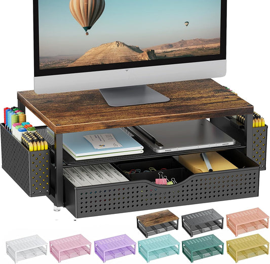 Wood Monitor Stand Riser, Office Desk Shelf Organizer, Desk Organizer with Drawer and Pen Holder, 2-Tier Computer Stand, Office Organization (Wood)