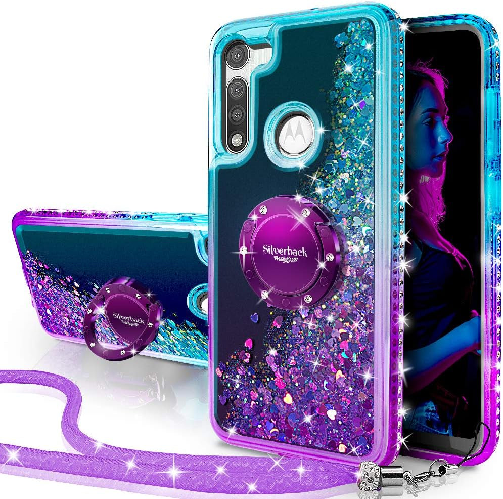 for Moto G Fast Case, Moving Liquid Holographic Sparkle Glitter Case with Kickstand, Bling Diamond Ring Stand Protective Girls Women Case for Motorola Moto G Fast 2020 -Purple