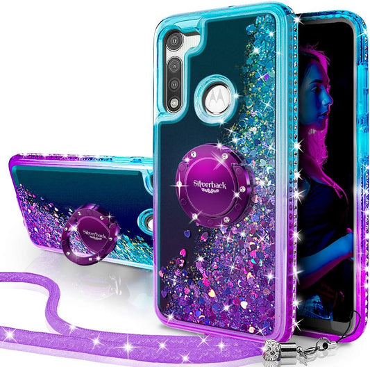 for Moto G Fast Case, Moving Liquid Holographic Sparkle Glitter Case with Kickstand, Bling Diamond Ring Stand Protective Girls Women Case for Motorola Moto G Fast 2020 -Purple