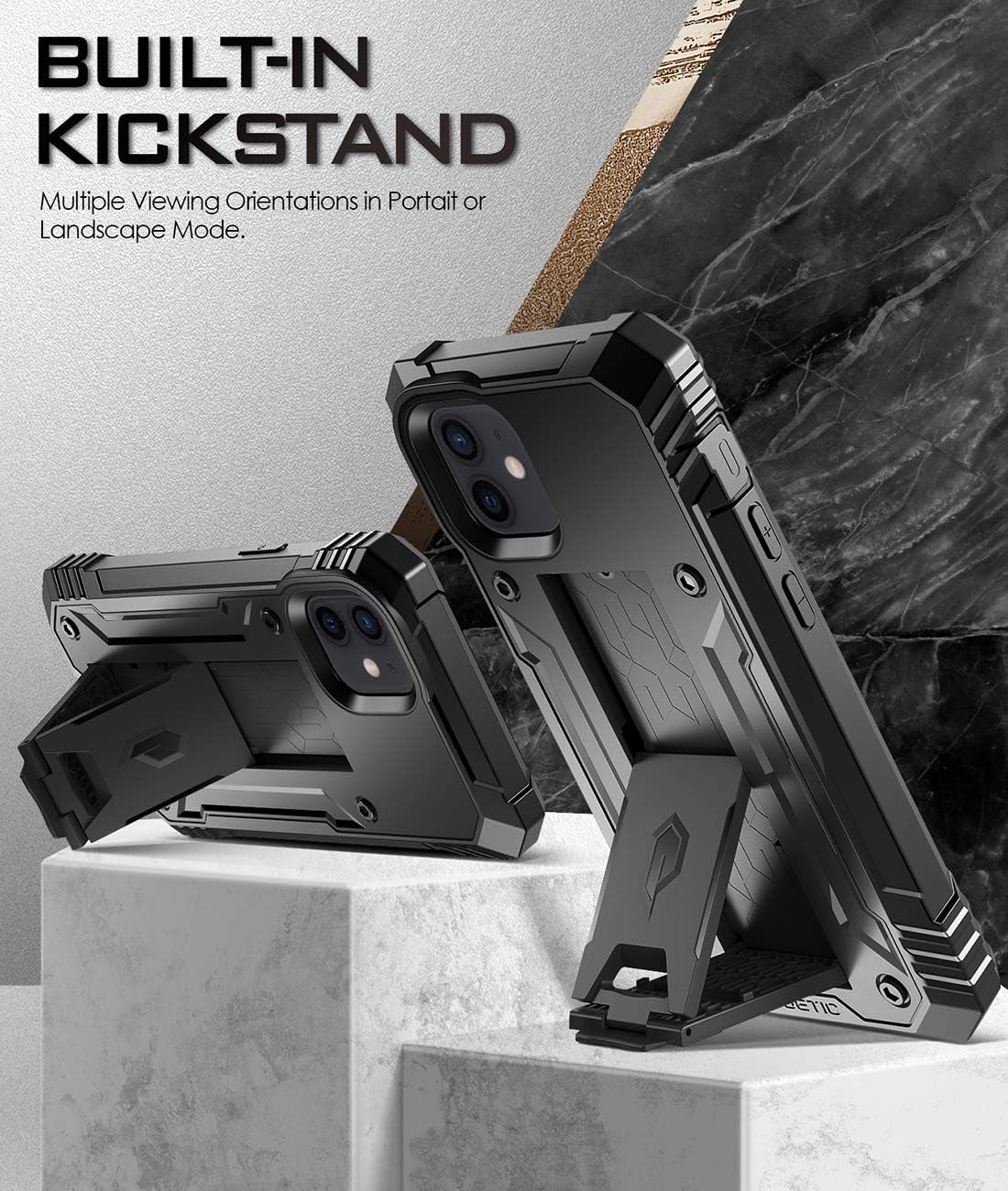 Revolution Series for Iphone 12 Mini 5.4 Inch Case, Full-Body Rugged Dual-Layer Shockproof Protective Cover with Kickstand and Built-In-Screen Protector, Black