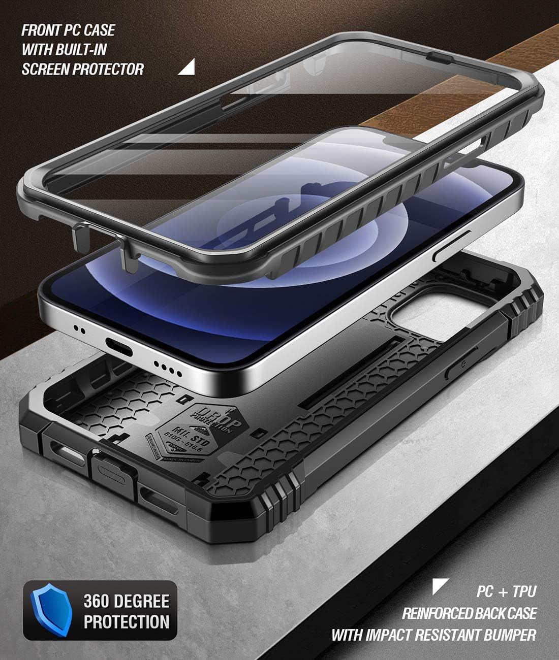 Revolution Series for Iphone 12 Mini 5.4 Inch Case, Full-Body Rugged Dual-Layer Shockproof Protective Cover with Kickstand and Built-In-Screen Protector, Black