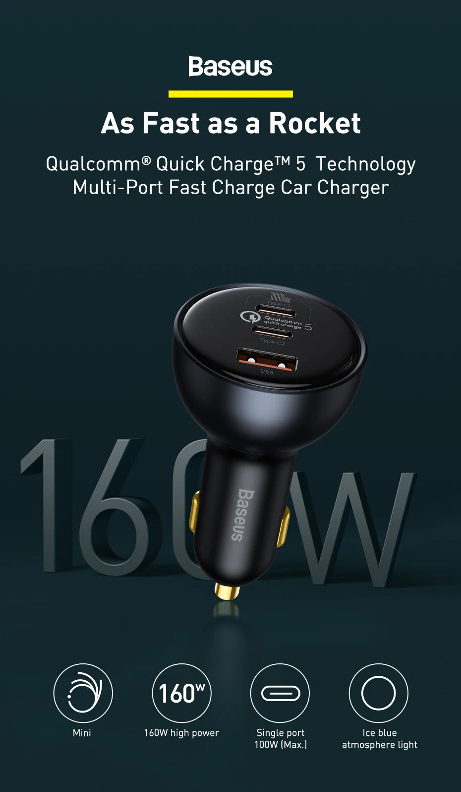 Baseus 160W Car Charger QC 5.0 Fast Quick Charging PPS PD3.0 USB Type C Car Phone Charge For iPhone 13 14 15 Pro Laptops Tablets