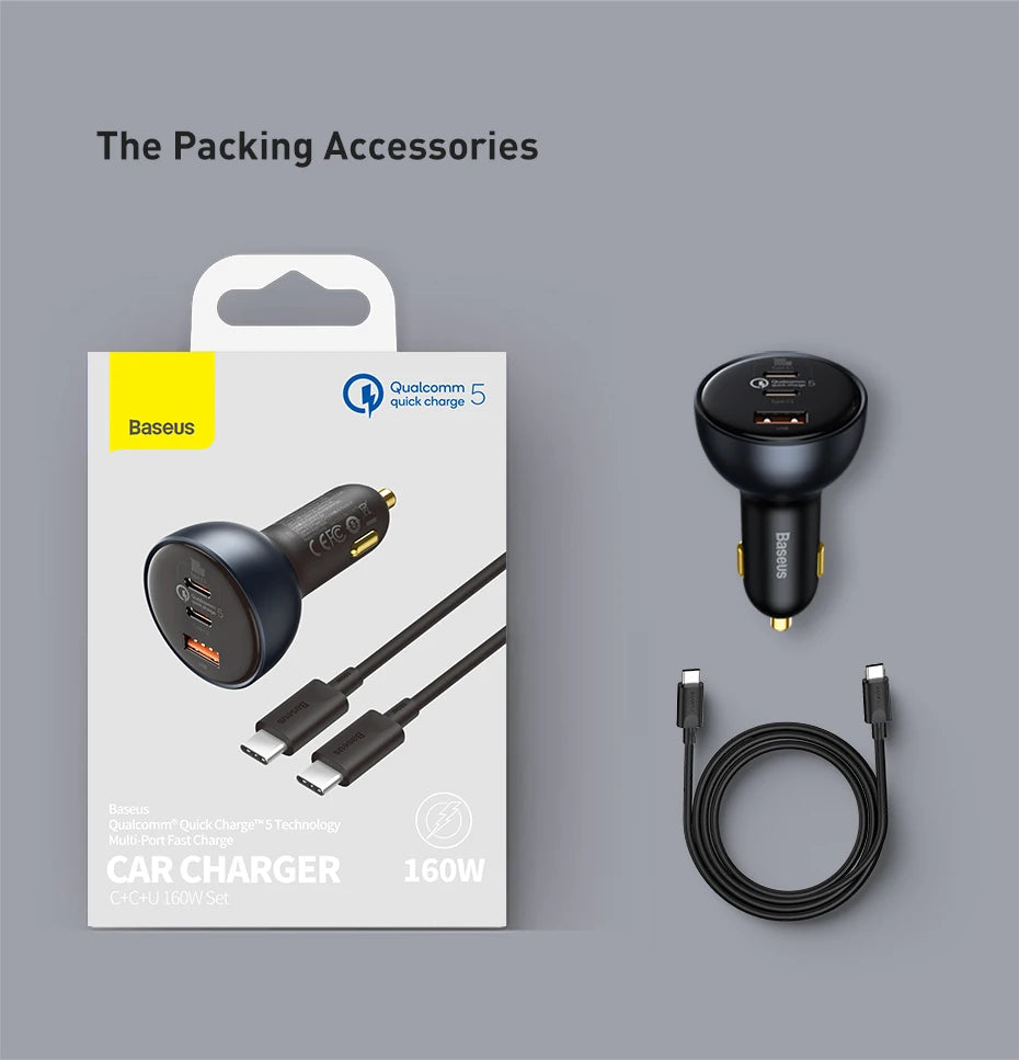 Baseus 160W Car Charger QC 5.0 Fast Quick Charging PPS PD3.0 USB Type C Car Phone Charge For iPhone 13 14 15 Pro Laptops Tablets