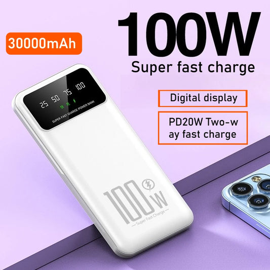 New Portable 100W Super Fast Charging Power Bank 30000mAh Large Capacity with LED Ligh Digital Display for IPhone Xiaomi Huawei