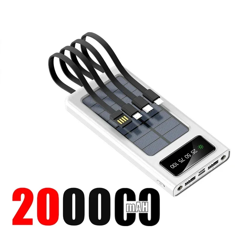 Solar Power Bank 200000mAh Large Capacity Super Fast Charging Digital Display 4 Cables External Battery For Xiaomi Huawei iphone