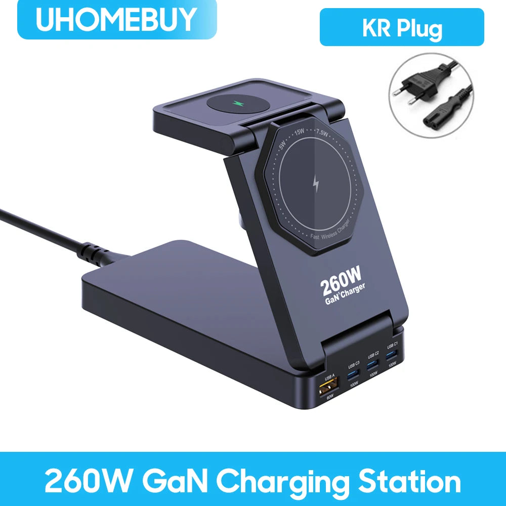 7-in-1 Charging Station 260W GaN Fast USB C Desktop Charger 15W Magnetic Wireless Charger for iPhone 16/15 Pro Max MacBook Pro