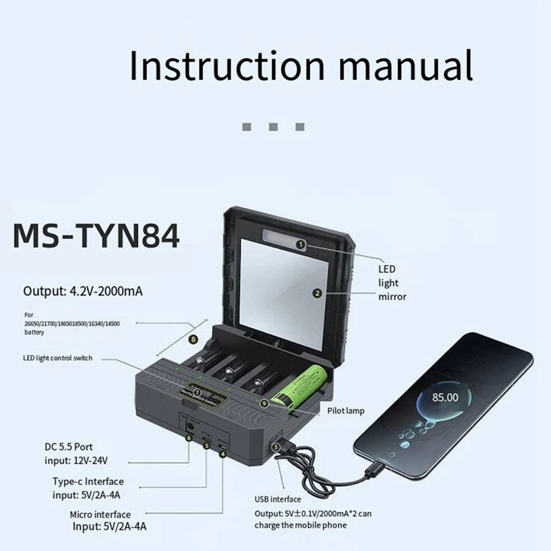 A25F-18650 Charger Solar Lithium Battery Smart Charger Type-C Four-Slot Multi-Function Outdoor Charger