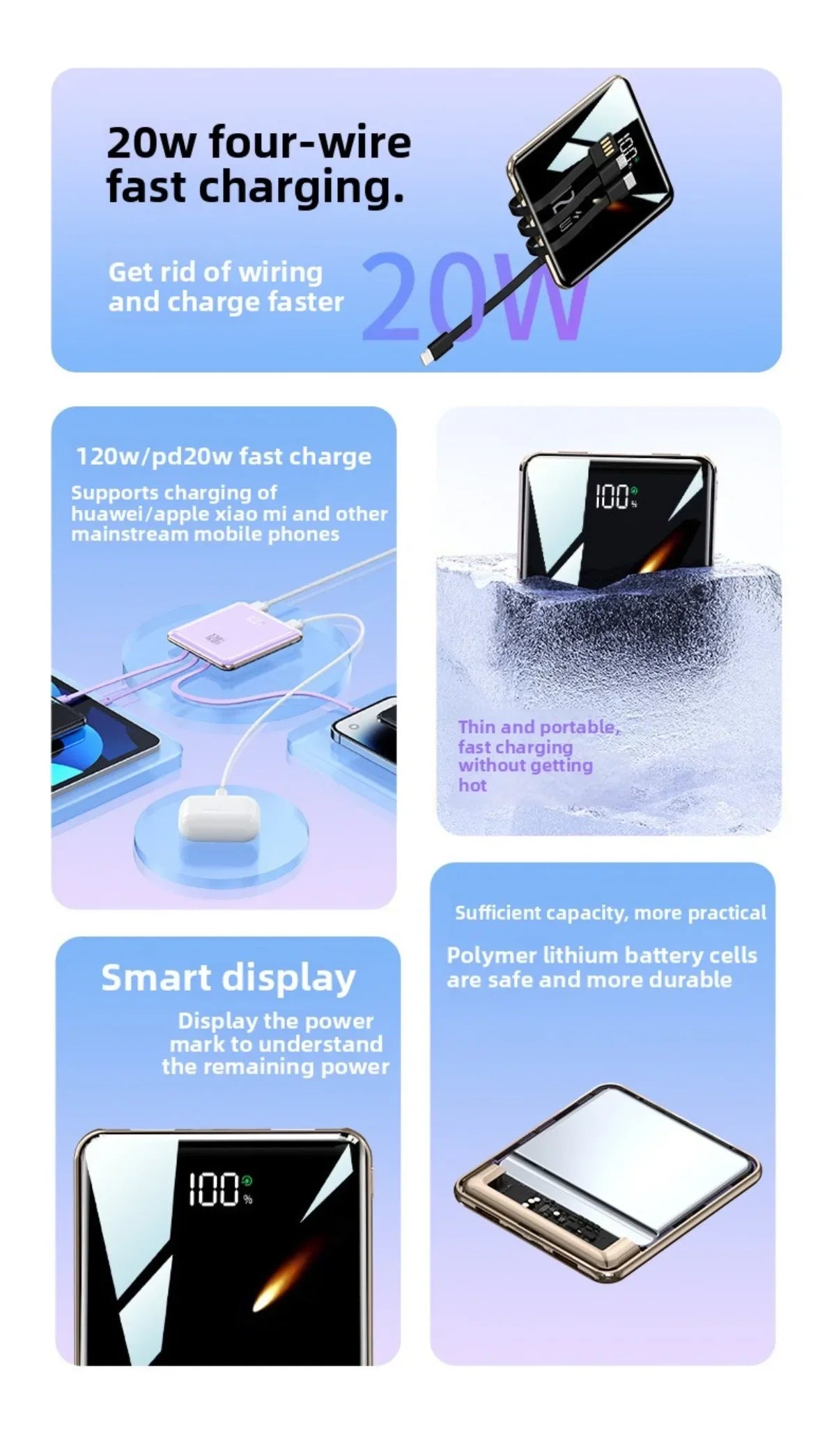 2025 New Power Bank20000mAh Ultra-thin, Compact, Portable, with Built-in Cable , Large Capacity, Super Fast Charging PowerBank