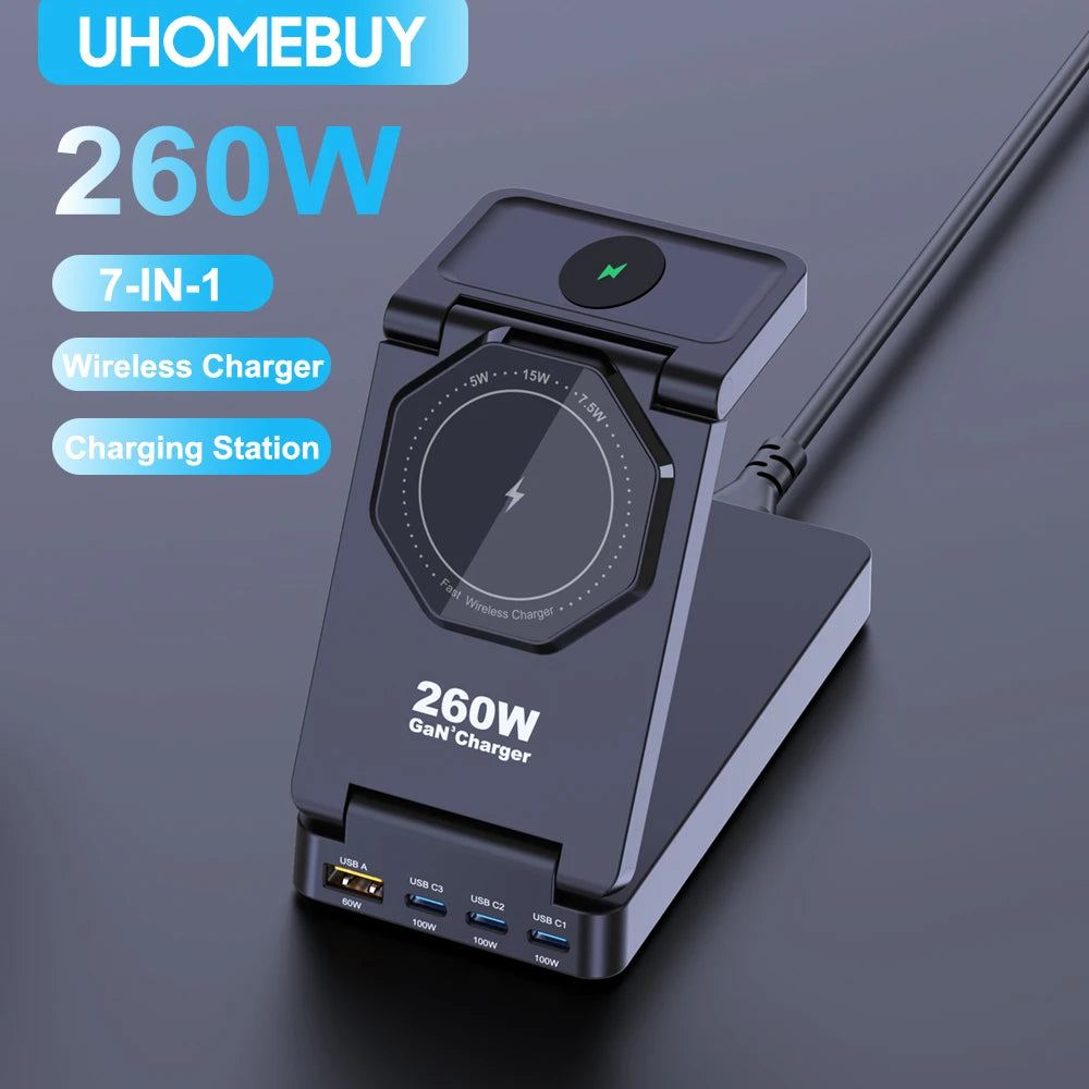7-in-1 Charging Station 260W GaN Fast USB C Desktop Charger 15W Magnetic Wireless Charger for iPhone 16/15 Pro Max MacBook Pro