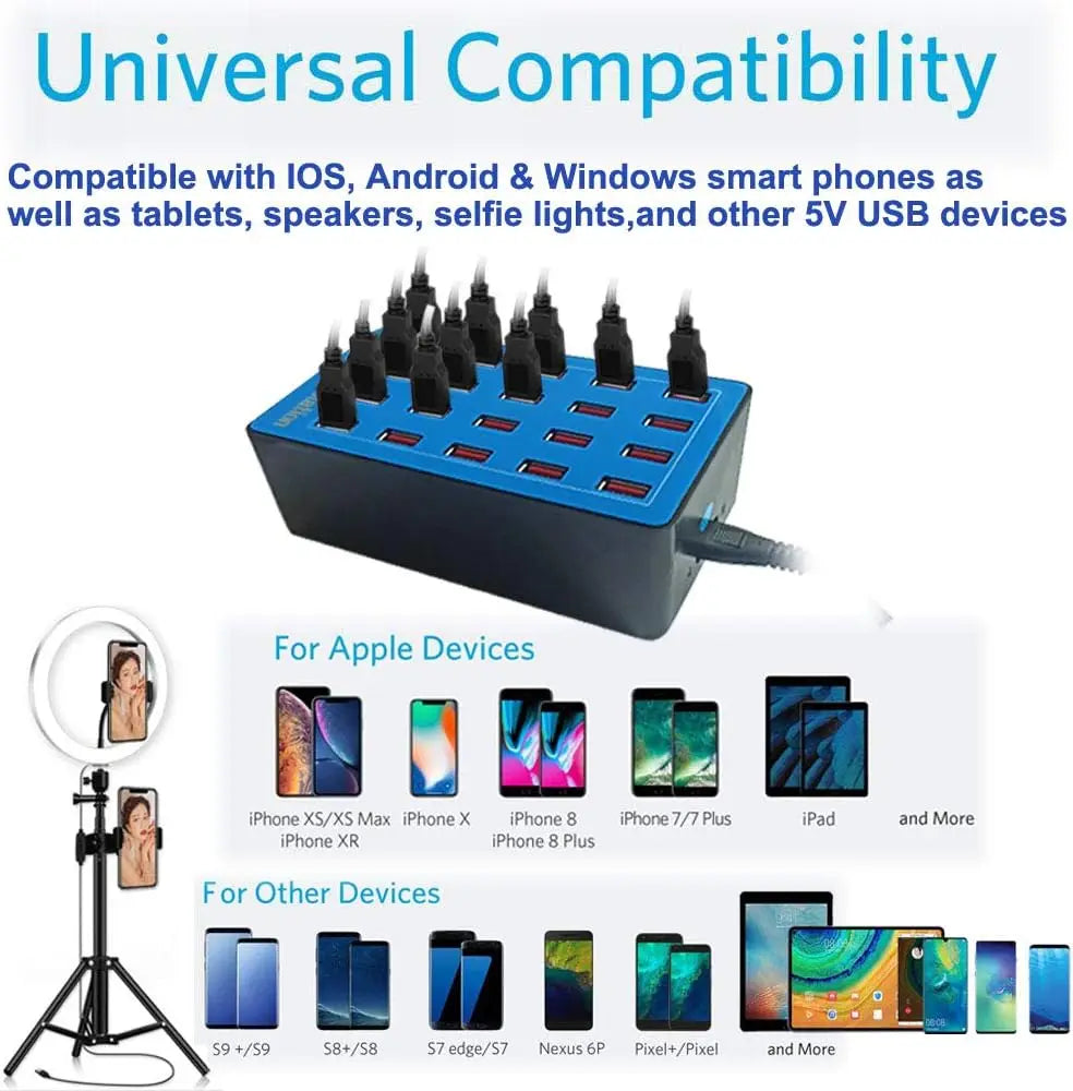 USB Charger Station 20-Port 100W Multiple Charging Station Multi Ports USB Charger Charging for Smartphones,Tablets, USB Devices