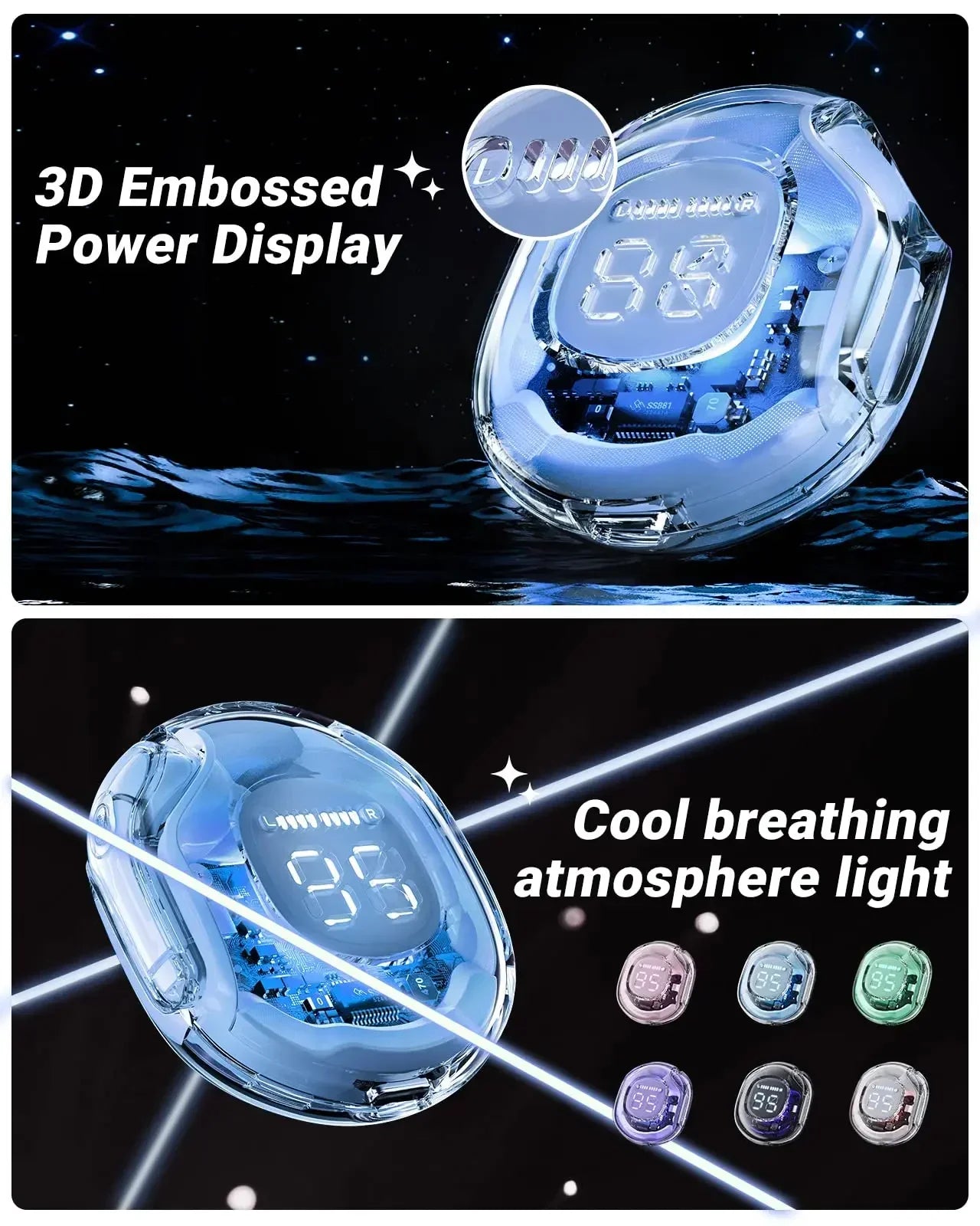 Bluetooth Earbuds Transparent with LED Digital Display Wireless In-Ear Earphone for Xiaomi Huawei iPhone Headphone