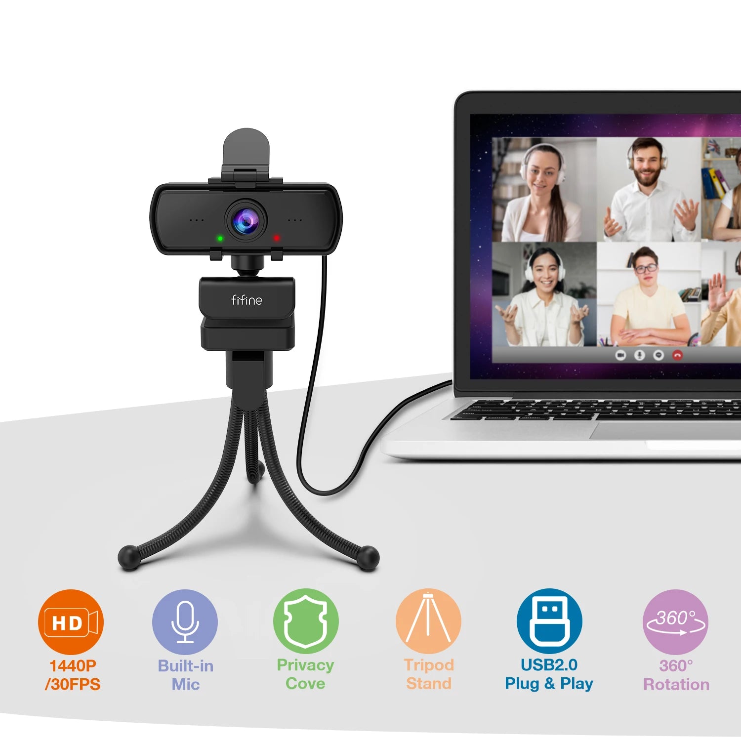 FIFINE 1440p Full HD PC Webcam with Microphone, tripod, for USB Desktop & Laptop,Live Streaming Webcam for Video Calling-K420 - Small Enterprise