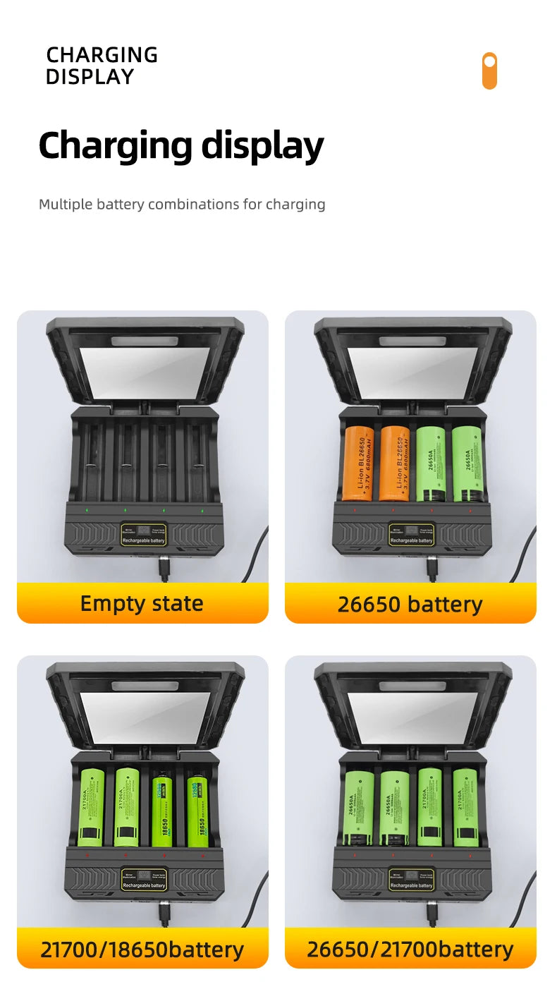Solar Power Generation Solar Lithium Battery Smart Charger Type-C USB Four-Slot for 3.7V 18650/26650/21700/14500 Batteries