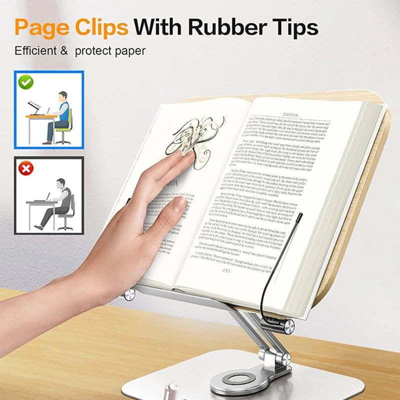 Desktop Book Stand for Reading with 360° Rotating Base Wooden Panel & Page Clips Foldable and Angle for Reading Book Holder